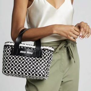 NEW Miu Miu Bi-color Basket Weave Tote Black And White